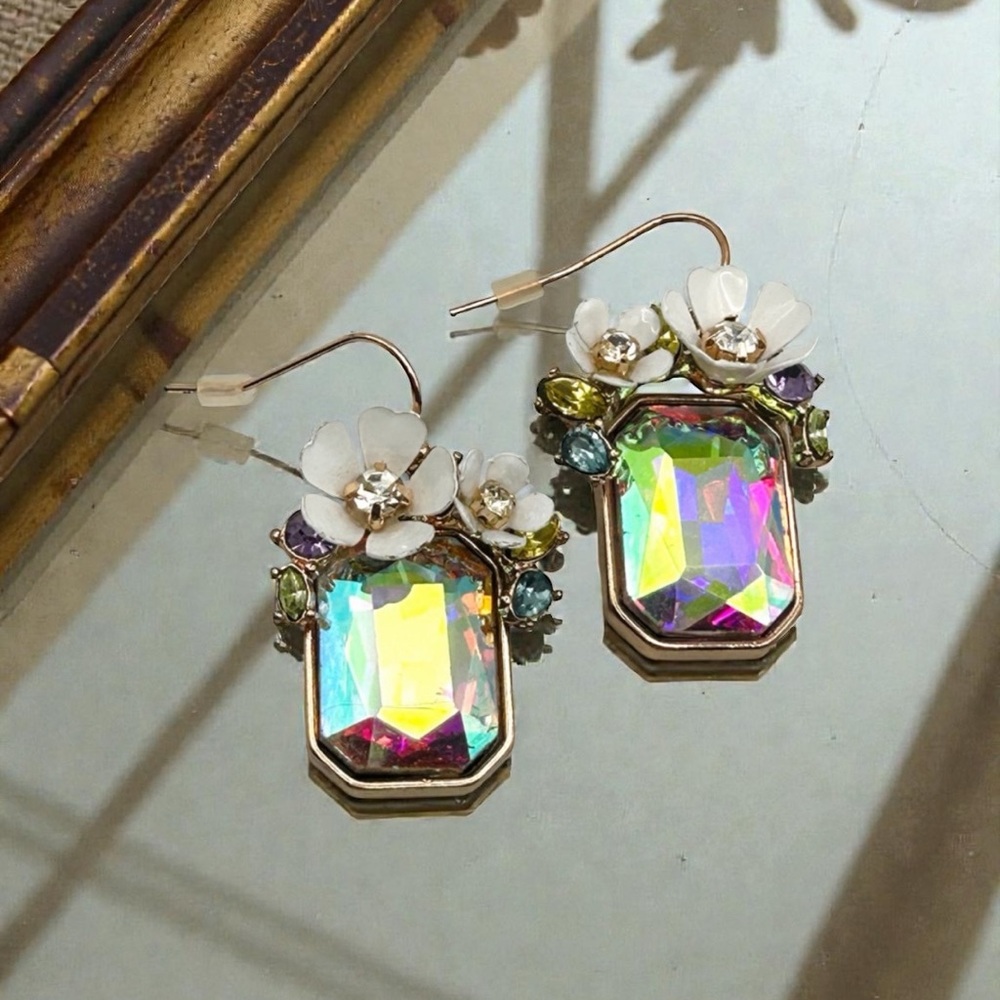 Betsey Johnson Rose Gold-Tone Multi-Stone Flower Drop Earrings ‘Flutterbye’
